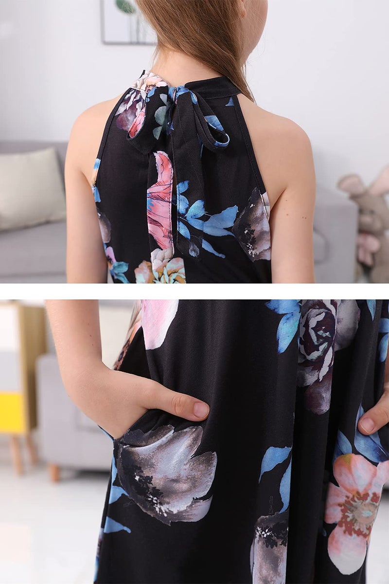 GORLYA Girl's Halter Neck Cold Shoulder Sleeveless Summer Casual Sundress A-line Dress with Pockets (GOR1013, 14Y, Black Print) - Image 5